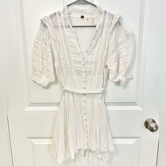 Free People puff sleeve lace button down belted mini dress